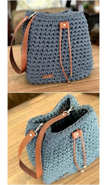 Bolsa Saco de Crochê Azul com alça em couro