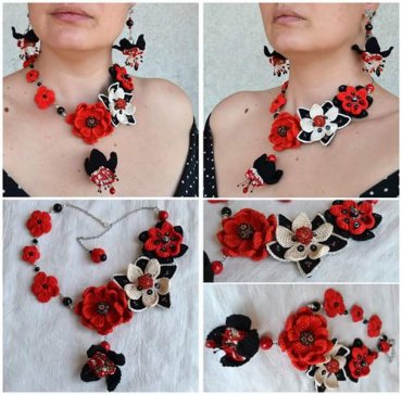 Conjunto de Brinco e Gargantilha de Crochê Flores Vermelhas