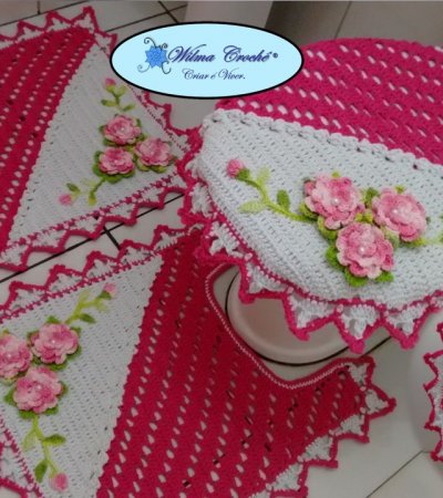 Jogo de Cozinha Crochê com Flores (JC01 Branco/Rosa) - Utilidades