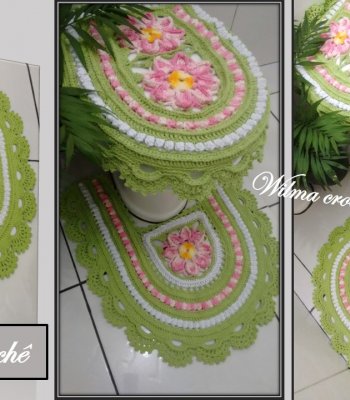 Jogo de Banheiro de Crochê Verde, Branco e Rosa com Flores