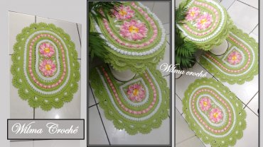 Jogo de Banheiro de Crochê Verde, Branco e Rosa com Flores