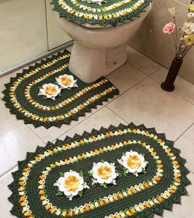 Jogo de Banheiro de Crochê Verde Escuro com Flores Laranjas