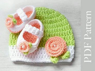Touca Infantil de Crochê Verde e Rosa com Sapatinho de Crochê
