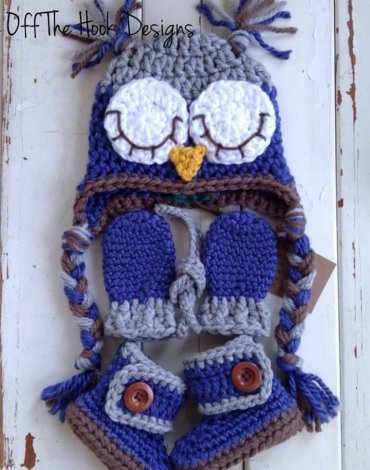 Touca Infantil de Crochê Coruja Azul com Luvas e Sapatinhos de Crochê