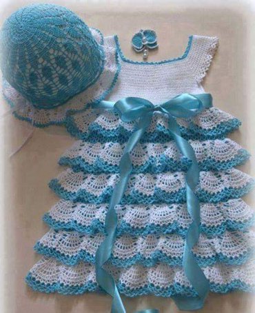 Vestido Infantil de Crochê Azul e Branco