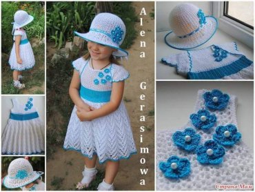 Vestido Infantil de Crochê Branco e Azul