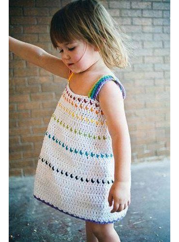 Vestido Infantil de Crochê Branco Listrado colorido