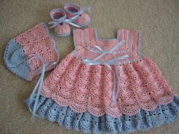 Vestido Infantil de Crochê Rosa e Cinza
