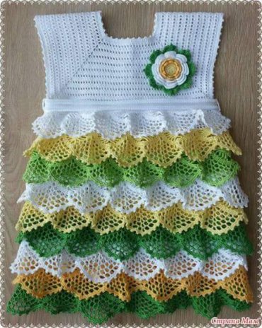 Vestido Infantil de Crochê Branco e Verde