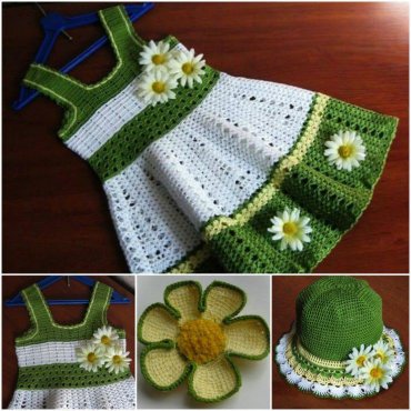 Vestido Infantil de Crochê Verde e Branco com Margaridas